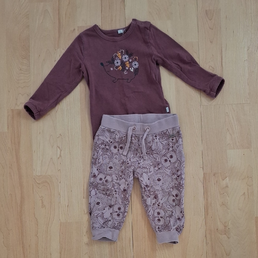 Minymo Dark Purple Hedgehog Top and Animal Pants Set Size 6m